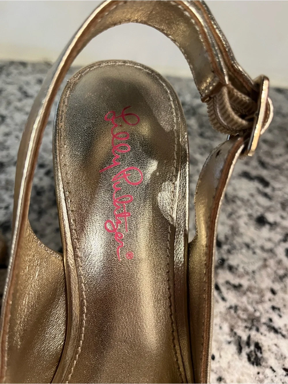 Lilly Pulitzer Kristen Gold Sling Back Open Toe Wedge Sandal